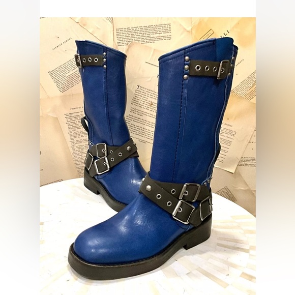 Free People We The Free Janey Engineer Boot Turkish Sea Blue Brown Trim - Picture 1 of 11